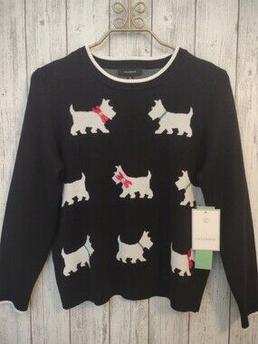 Calligraphie Petite Large Black Scottie Dog Knit Sweater Pearl Ribbon Bows